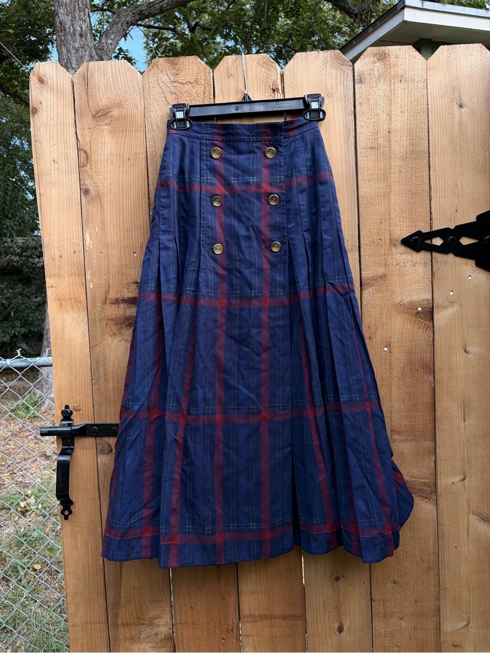 Yves Saint Laurent Navy and Red Plaid Midi Skirt with Gold Buttons